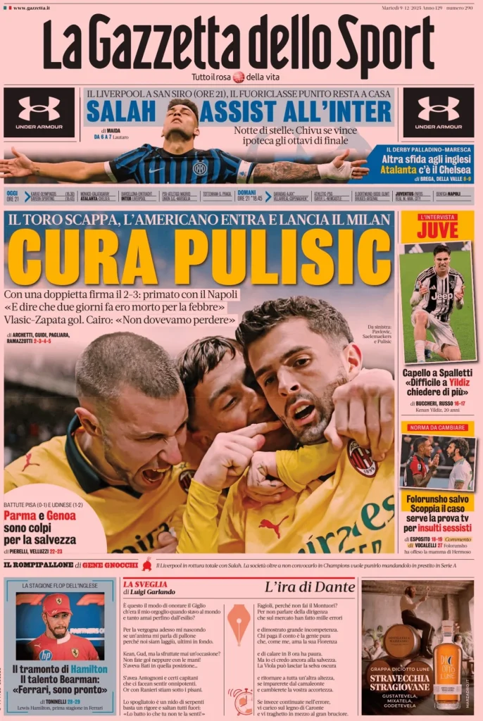 Rassegna stampa Cagliari: prime pagine quotidiani sportivi - 9 dicembre 2025 29 la gazzetta dello sport 051204awn