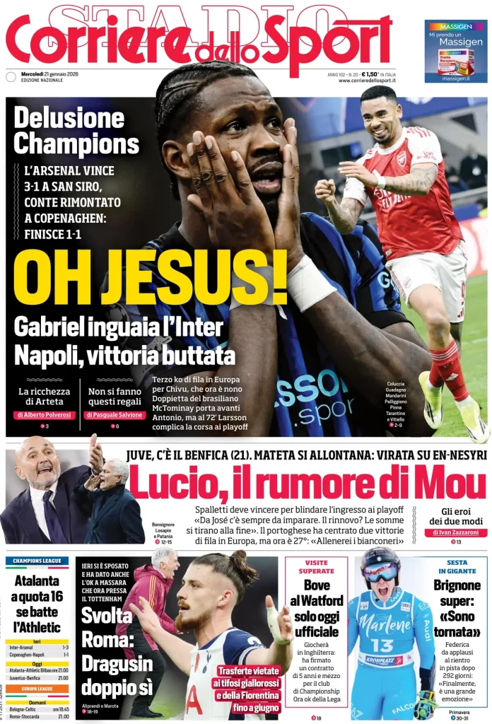 Le prime pagine dei principali quotidiani sportivi – 21 gennaio 28 corriere dello sport 021110tjuc70v