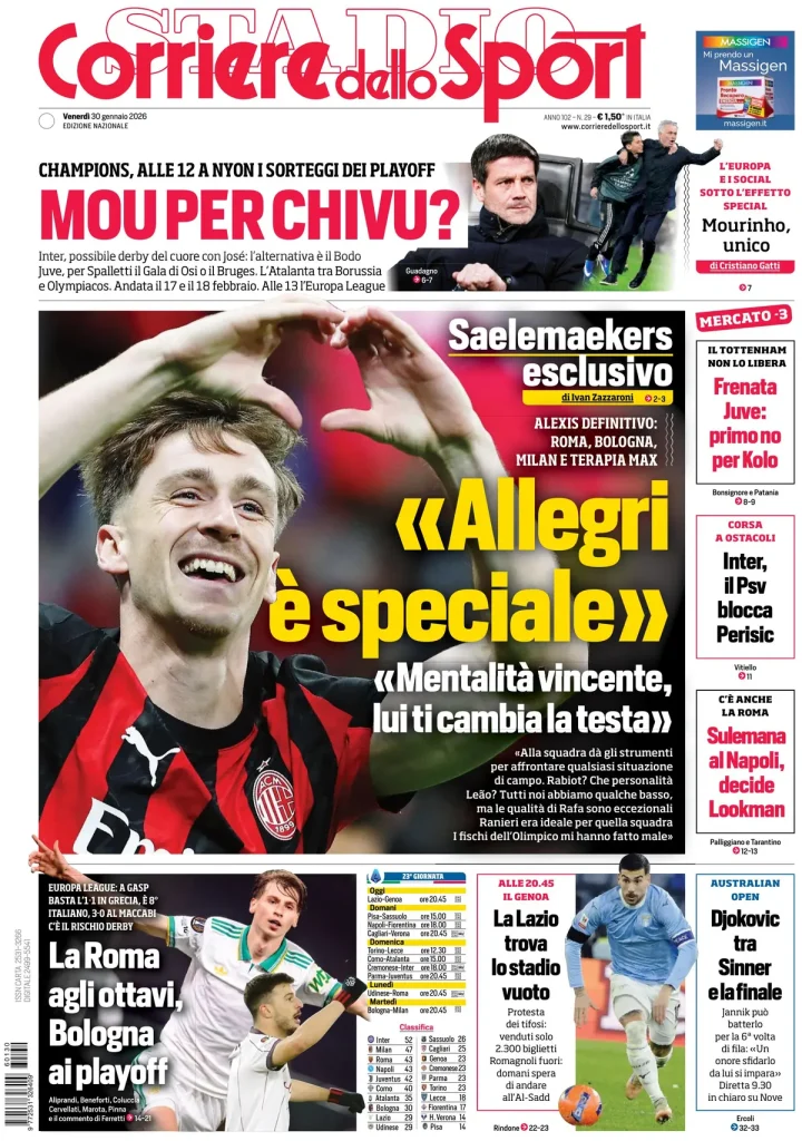 Rassegna stampa Cagliari: prime pagine quotidiani sportivi - 30 gennaio 2026 28 corriere dello sport 052622pvfc0x2