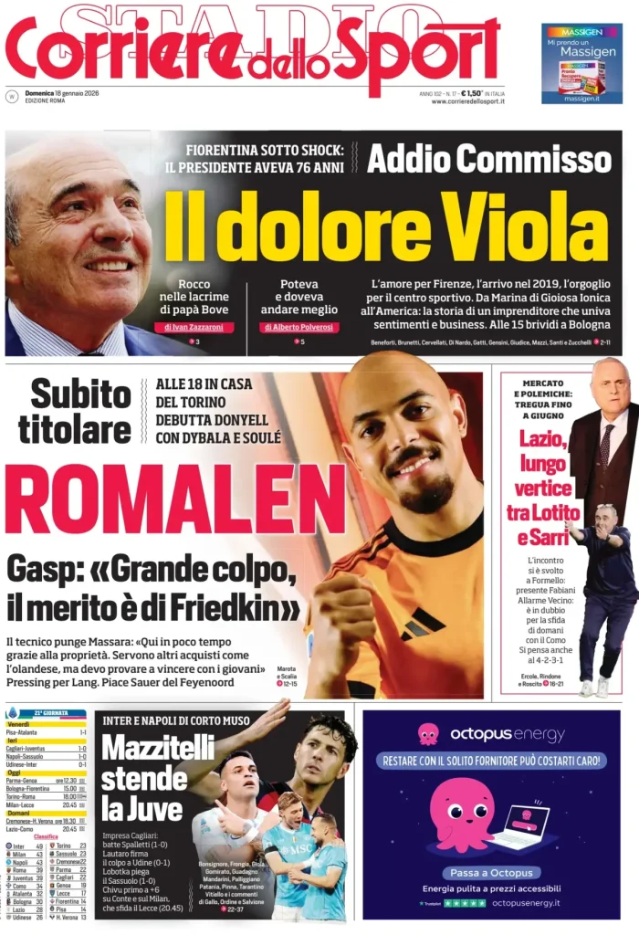 Rassegna stampa Cagliari: prime pagine quotidiani sportivi - 18 gennaio 2026 28 corriere dello sport roma 063423x6e79j0