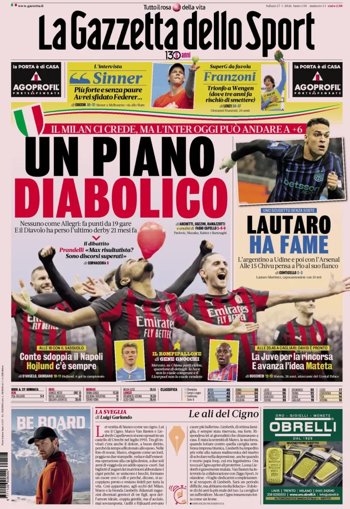 Rassegna stampa Cagliari: prime pagine quotidiani sportivi - 17 gennaio 2026 29 la gazzetta dello sport 031803eck5js7