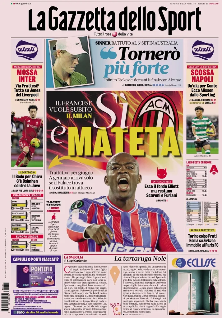 Le prime pagine dei principali quotidiani sportivi – 31 gennaio 27 la gazzetta dello sport 031803kxv16aa