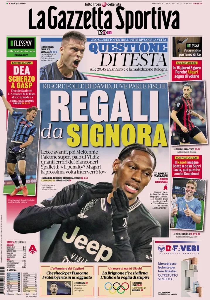 Rassegna stampa Cagliari: prime pagine quotidiani sportivi - 4 gennaio 2026 29 la gazzetta dello sport 0318381264j36