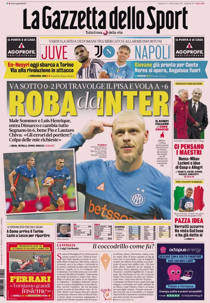Le prime pagine dei principali quotidiani sportivi – 24 gennaio 2026 29 la gazzetta dello sport 032303k3n7end