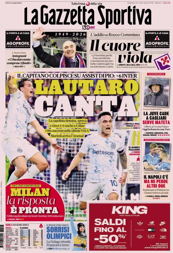 Rassegna stampa Cagliari: prime pagine quotidiani sportivi - 18 gennaio 2026 29 la gazzetta dello sport 032407rng13ok