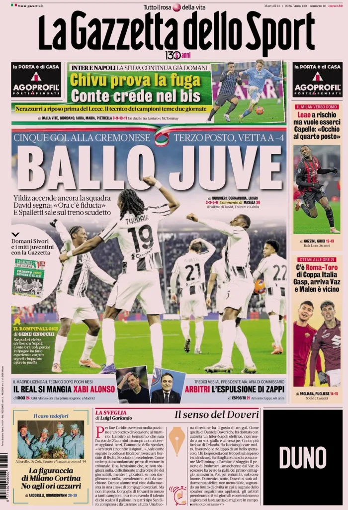 Le prime pagine dei principali quotidiani sportivi – 13 gennaio 27 la gazzetta dello sport 0324265lr63l9
