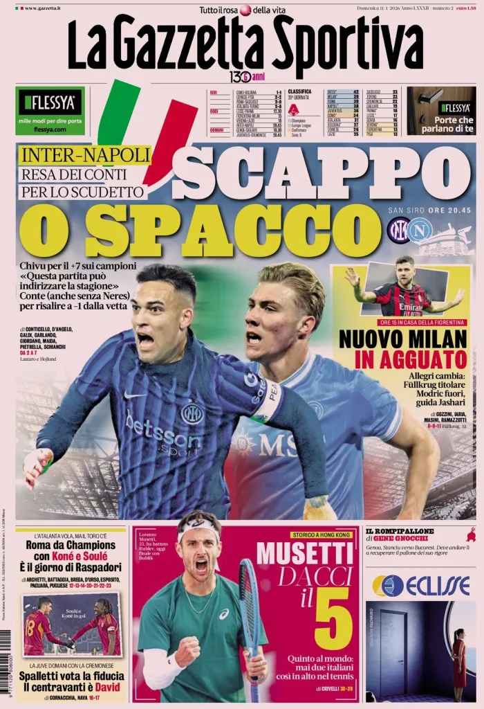 Le prime pagine dei principali quotidiani sportivi – 11 gennaio 27 la gazzetta dello sport 03251779ydukv