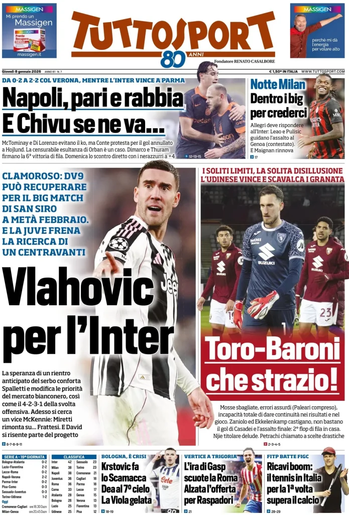 Le prime pagine dei principali quotidiani sportivi – 8 gennaio 29 tuttosport 020303u6t2jw0