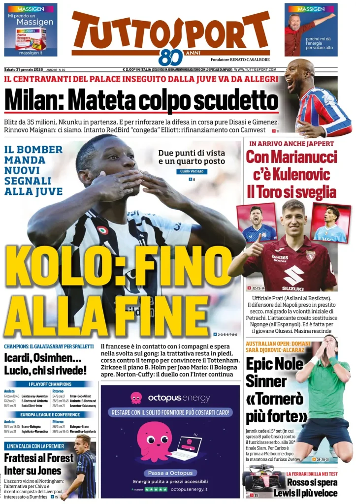 Le prime pagine dei principali quotidiani sportivi – 31 gennaio 29 tuttosport 020453jp874rv