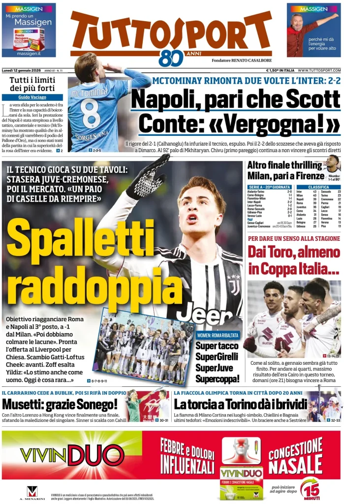 Rassegna stampa Cagliari: prime pagine quotidiani sportivi - 12 gennaio 2026 27 tuttosport 02202664n7u9w