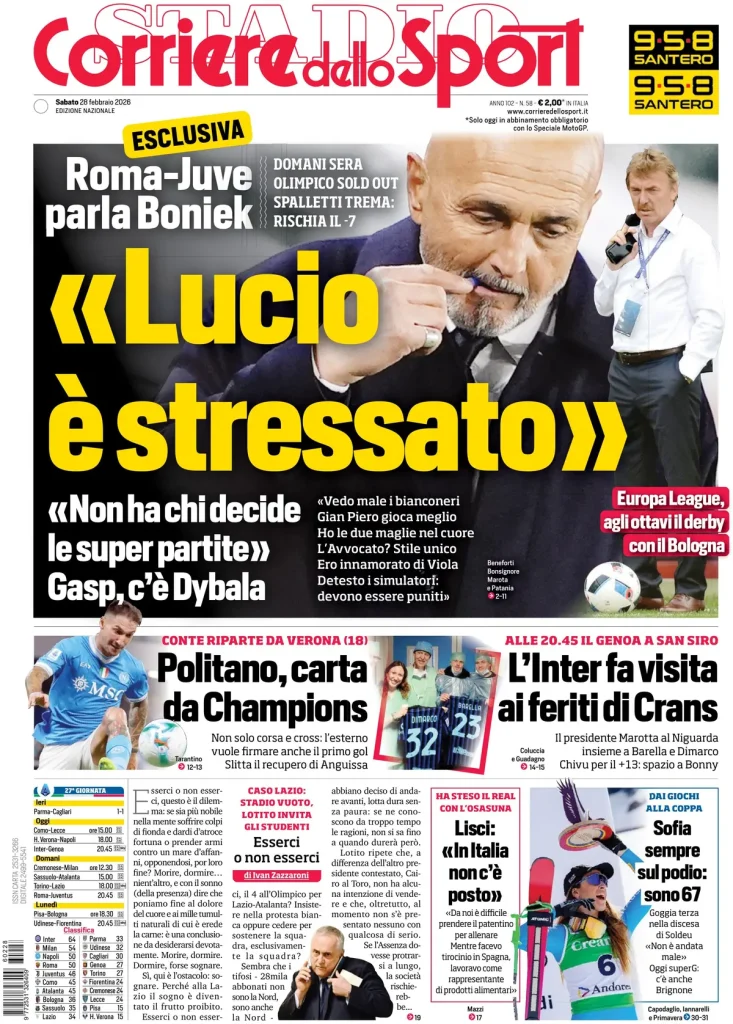 Le prime pagine dei principali quotidiani sportivi – 28 febbraio 28 corriere dello sport 020309xuu8way