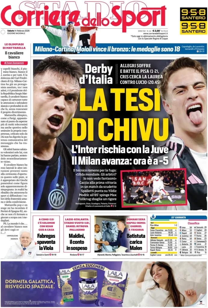 Le prime pagine dei principali quotidiani sportivi – 14 febbraio 2026 29 corriere dello sport 020311sfzaccx
