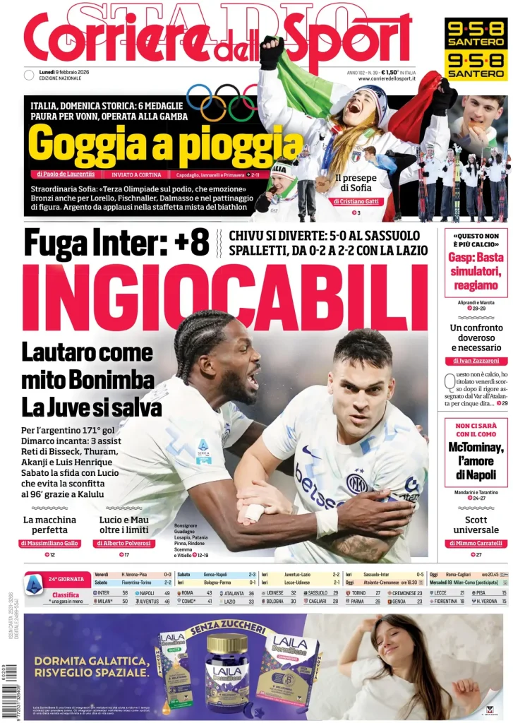 Rassegna stampa Cagliari: prime pagine quotidiani sportivi - 9 febbraio 2026 28 corriere dello sport 020524g4j3ryo