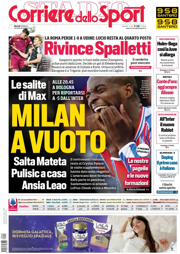 Le prime pagine dei principali quotidiani sportivi – 3 Febbraio 2026 28 corriere dello sport 021438dlq4dpv