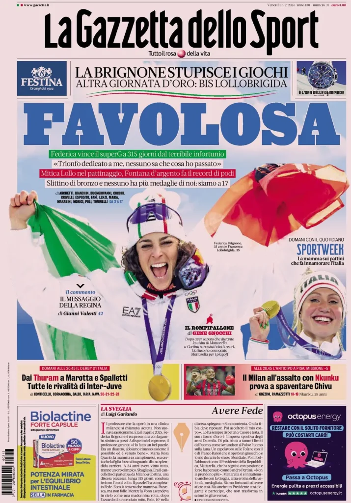 Le prime pagine dei principali quotidiani sportivi – 13 febbraio 2026 28 la gazzetta dello sport 031803dex2na8