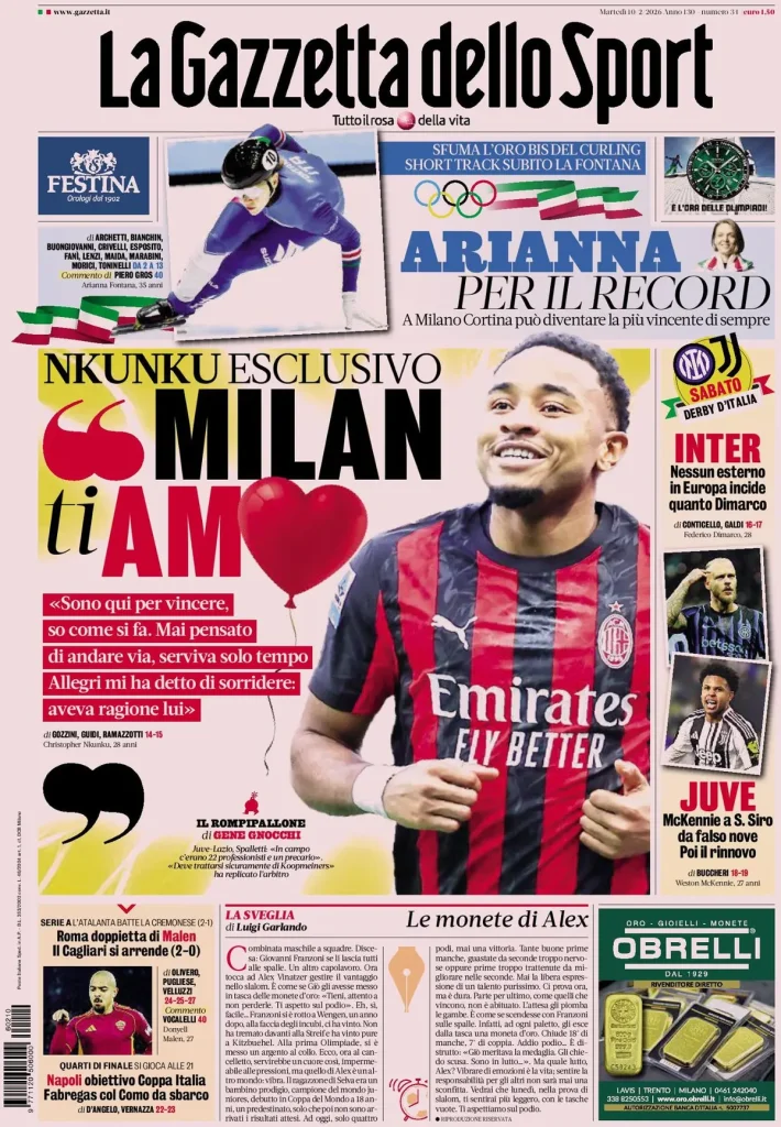 Le prime pagine dei principali quotidiani sportivi – 10 febbraio 27 la gazzetta dello sport 031804nkj4mtv