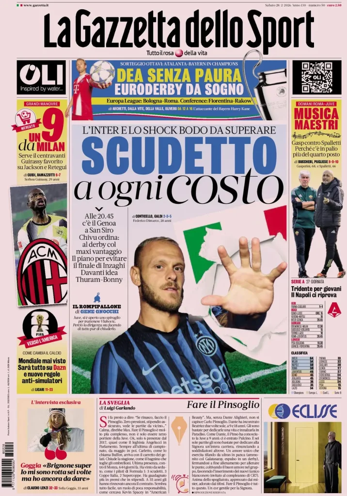 Le prime pagine dei principali quotidiani sportivi – 28 febbraio 29 la gazzetta dello sport 03224501xblp7