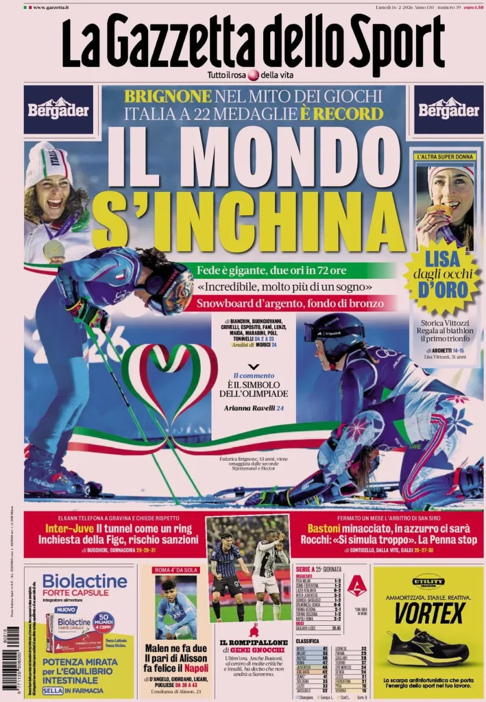 Le prime pagine dei principali quotidiani sportivi – 16 febbraio 2026 29 la gazzetta dello sport 032302xgr4lyh