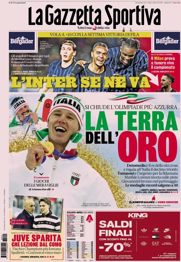 Rassegna stampa Cagliari: prime pagine quotidiani sportivi - 22 febbraio 2026 29 la gazzetta dello sport 032753s4j3277