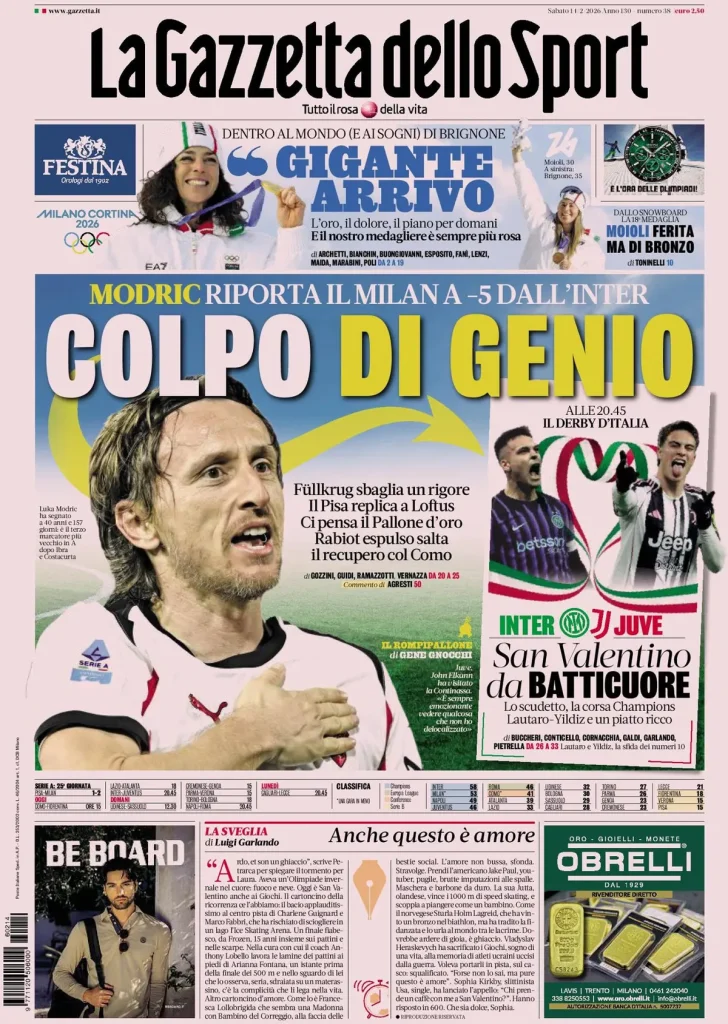 Le prime pagine dei principali quotidiani sportivi – 14 febbraio 2026 28 la gazzetta dello sport 032903mv6dzv0