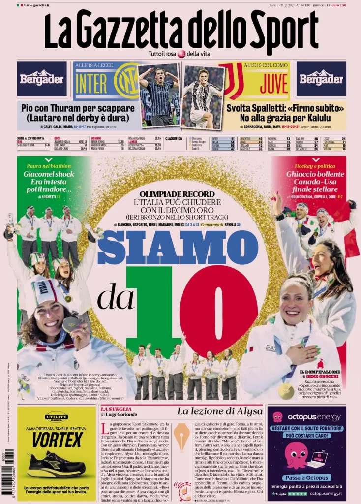 Le prime pagine dei principali quotidiani sportivi – 21 febbraio 27 la gazzetta dello sport 033304lofanh4