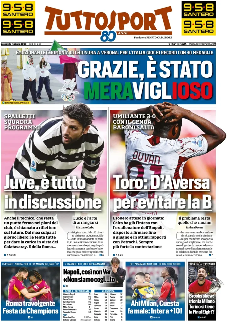 Rassegna stampa Cagliari: prime pagine quotidiani sportivi - 23 febbraio 2026 27 tuttosport 020253103a2lv