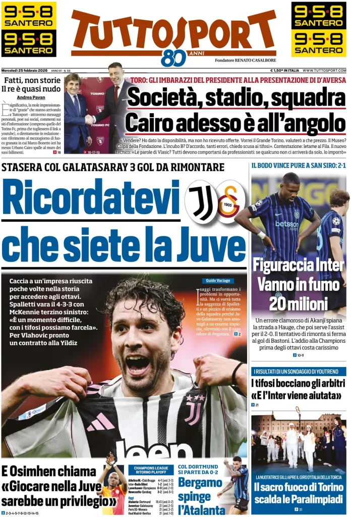 Rassegna stampa Cagliari: prime pagine quotidiani sportivi - 25 febbraio 2026 27 tuttosport 020302ixm3g0q