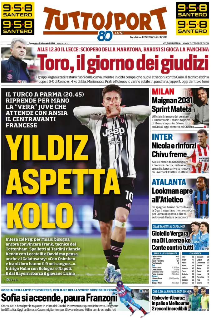 Le prime pagine dei principali quotidiani sportivi – 1 febbraio 2026 27 tuttosport 020302mg7eo81