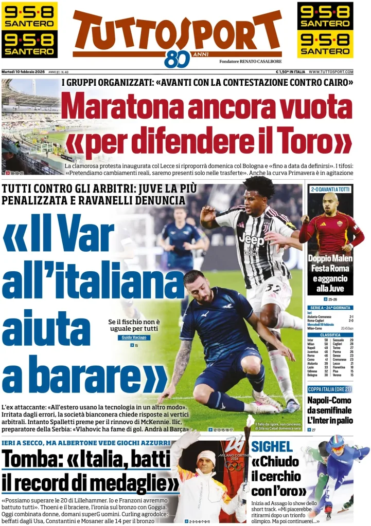 Le prime pagine dei principali quotidiani sportivi – 10 febbraio 29 tuttosport 020347as3a5m3