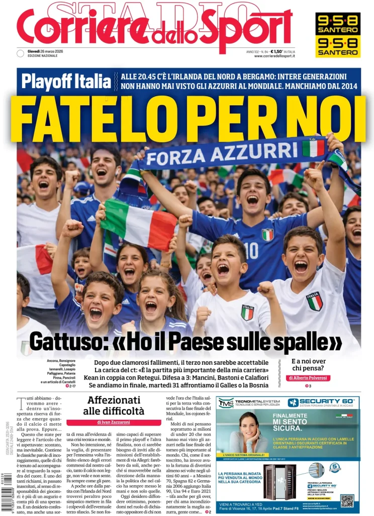 Le prime pagine dei principali quotidiani sportivi – 26 marzo 2026 28 corriere dello sport 020805jlg692n