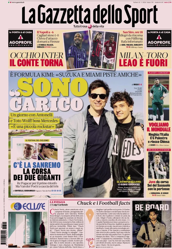Le prime pagine dei principali quotidiani sportivi – 21 marzo 2026 29 la gazzetta dello sport 021055p06r4am
