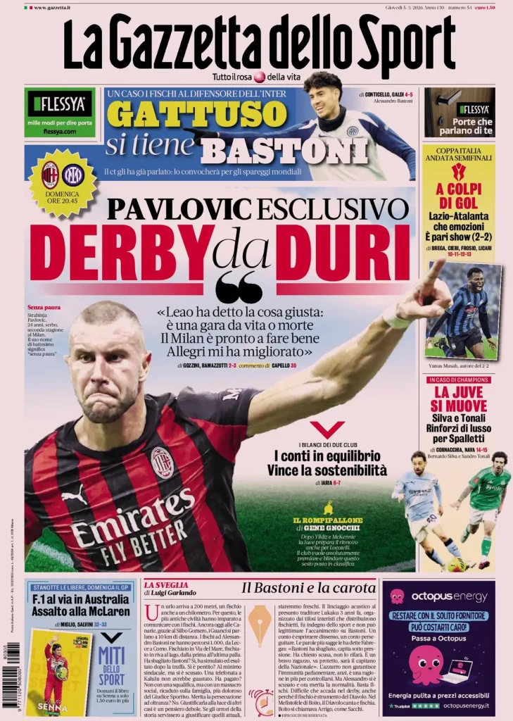 Le prime pagine dei principali quotidiani sportivi – 5 marzo 27 la gazzetta dello sport 0318036jl80uk