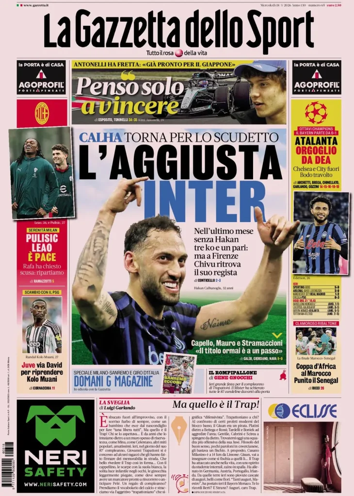 Le prime pagine dei principali quotidiani sportivi – 18 marzo 2026 29 la gazzetta dello sport 031803maw9ru9