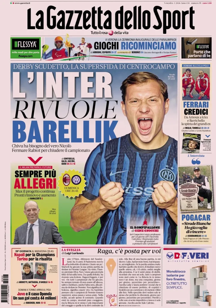 Rassegna stampa Cagliari: prime pagine quotidiani sportivi - 6 marzo 2026 29 la gazzetta dello sport 0319181q89sam