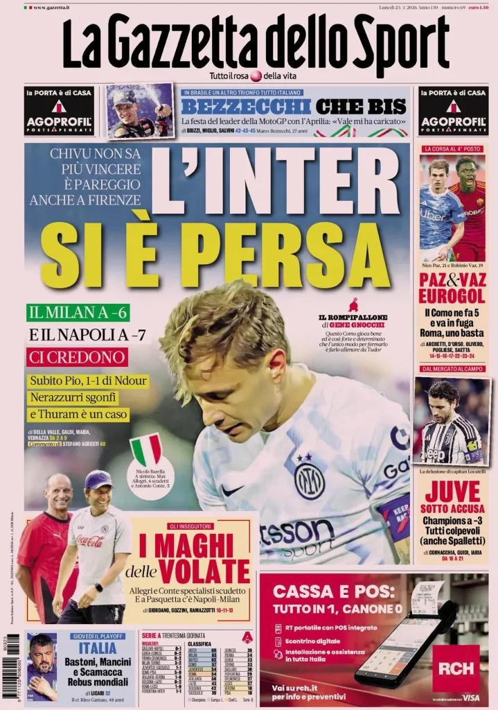 Rassegna stampa Cagliari: prime pagine quotidiani sportivi - 23 marzo 2026 29 la gazzetta dello sport 032303xez4fjz