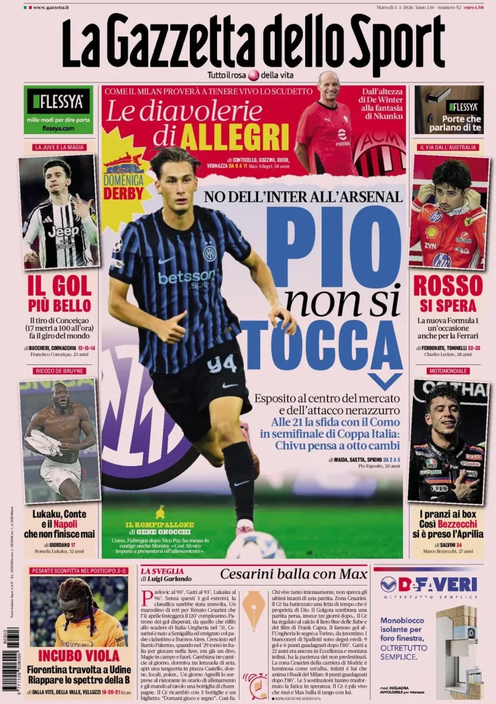 Le prime pagine dei principali quotidiani sportivi – 3 marzo 2026 29 la gazzetta dello sport 032414y5g9k8p