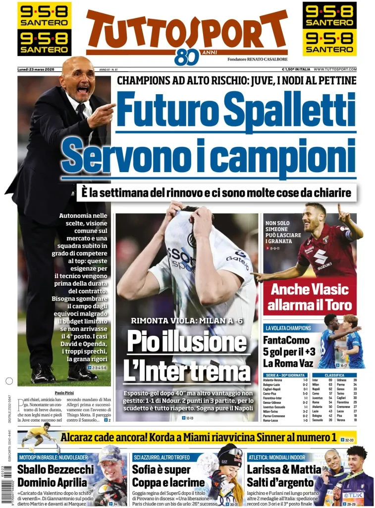 Rassegna stampa Cagliari: prime pagine quotidiani sportivi - 23 marzo 2026 27 tuttosport 020802pogwgik