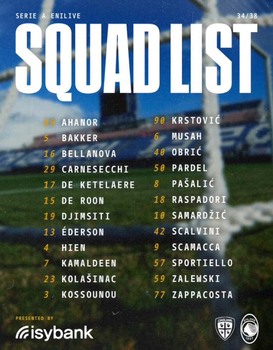 Convocati Atalanta per il Cagliari: la lista dei giocatori a disposizione di Palladino 27 Convocati Atalanta