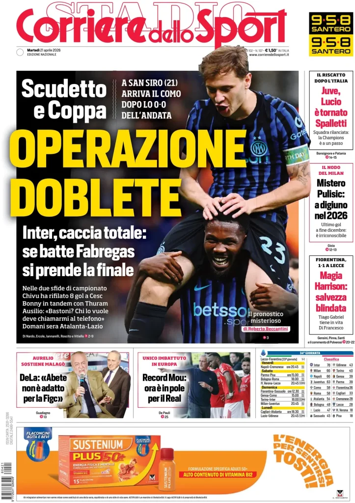 Le prime pagine dei principali quotidiani sportivi – 21 aprile 2026 28 corriere dello sport 020306pvf7t7l