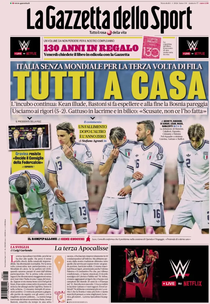 Le prime pagine dei principali quotidiani sportivi – 1 aprile 2026 29 la gazzetta dello sport 032227yh84t7n