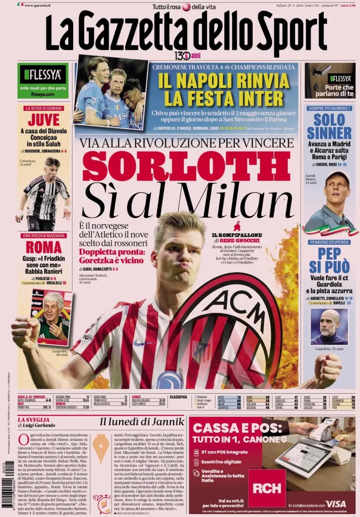 Rassegna stampa Cagliari: prime pagine quotidiani sportivi - 25 aprile 2026 29 la gazzetta dello sport 0401144w81mtq