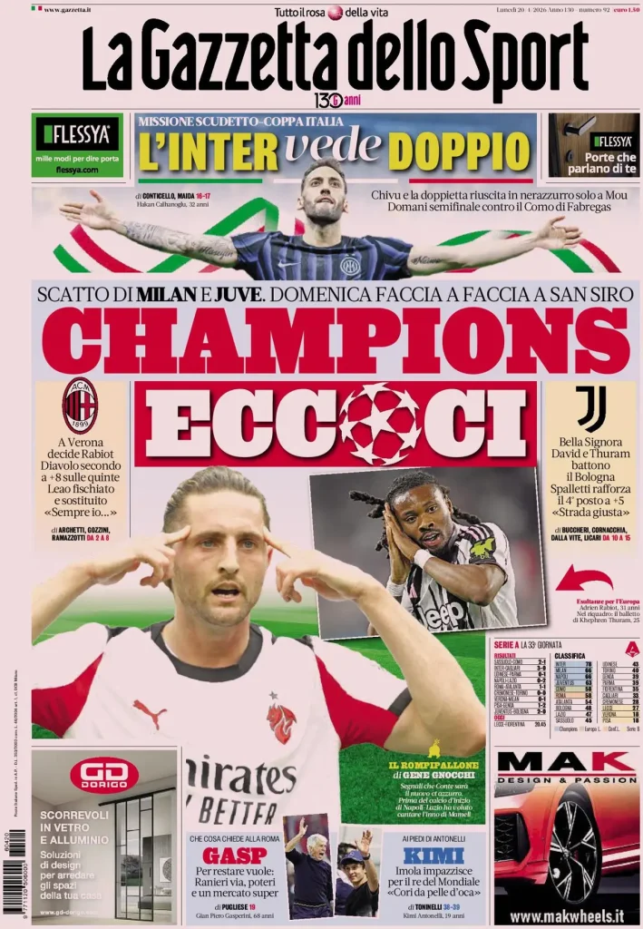 Rassegna stampa Cagliari: prime pagine quotidiani sportivi - 20 aprile 2026 29 la gazzetta dello sport 040417b5z3wra