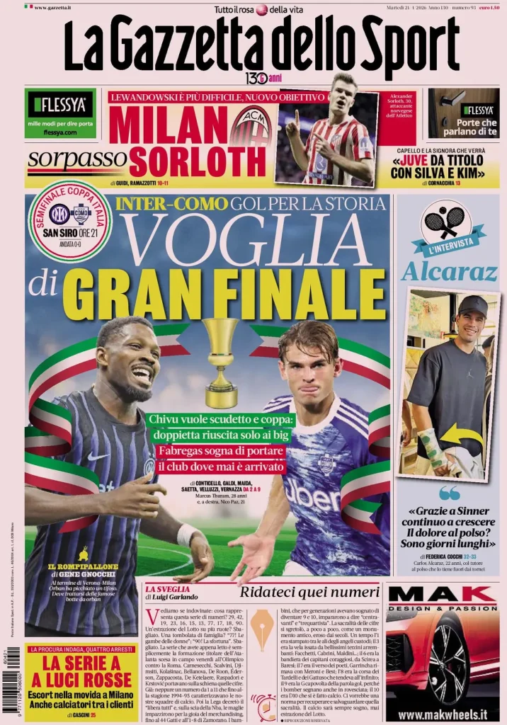 Le prime pagine dei principali quotidiani sportivi – 21 aprile 2026 29 la gazzetta dello sport 04180290t2808