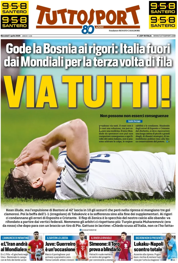 Le prime pagine dei principali quotidiani sportivi – 1 aprile 2026 27 tuttosport 020302yyf570w