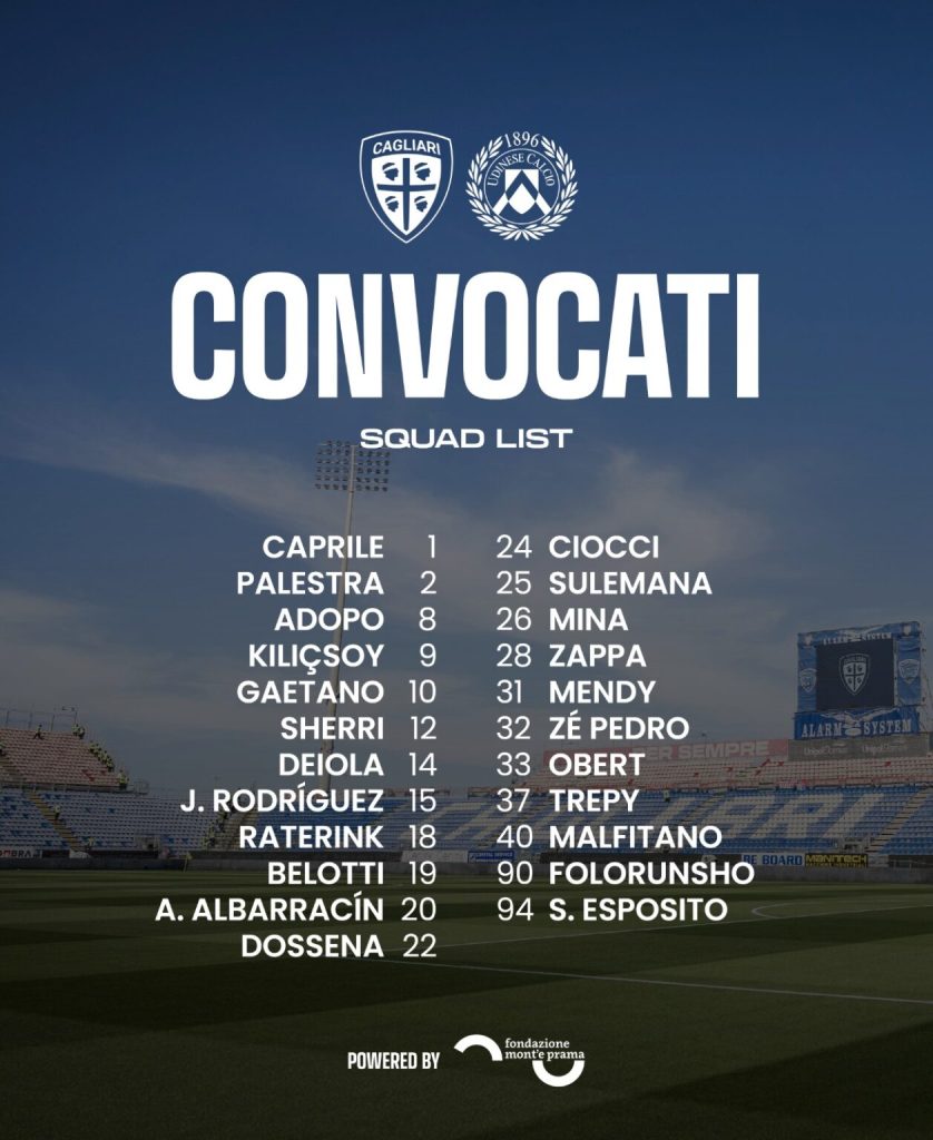 Convocati Cagliari, a disposizione Deiola e Rodriguez! Nulla da fare per Mazzitelli 27 Convocati Cagliari
