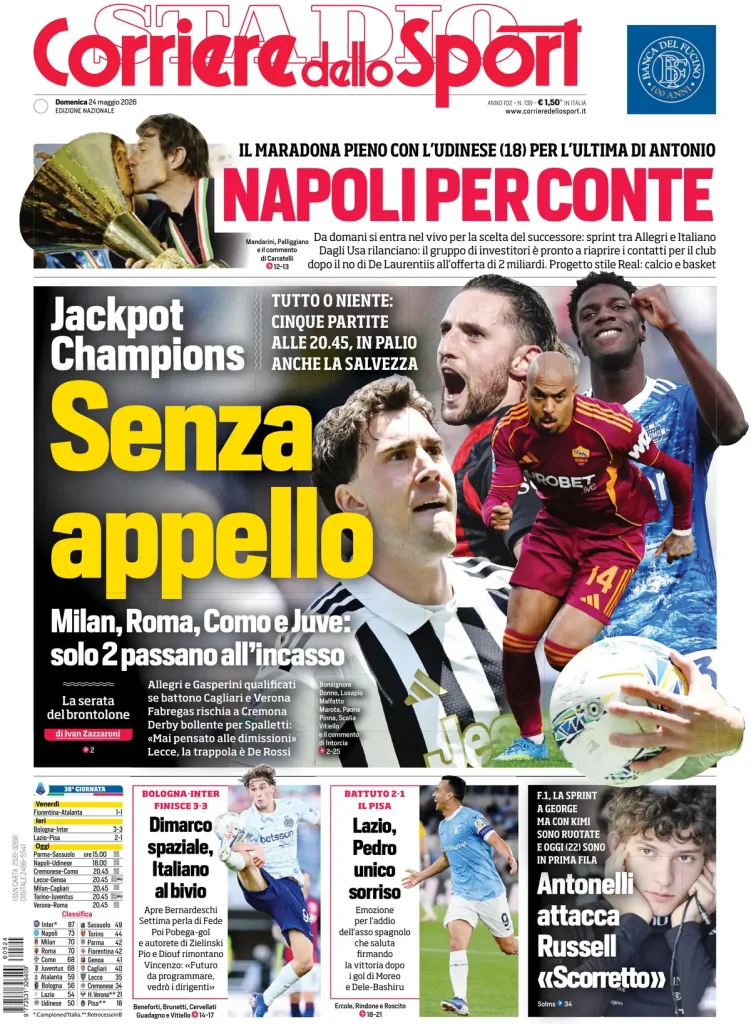 Le prime pagine dei principali quotidiani sportivi – 24 maggio 28 corriere dello sport 020302t20ha2k