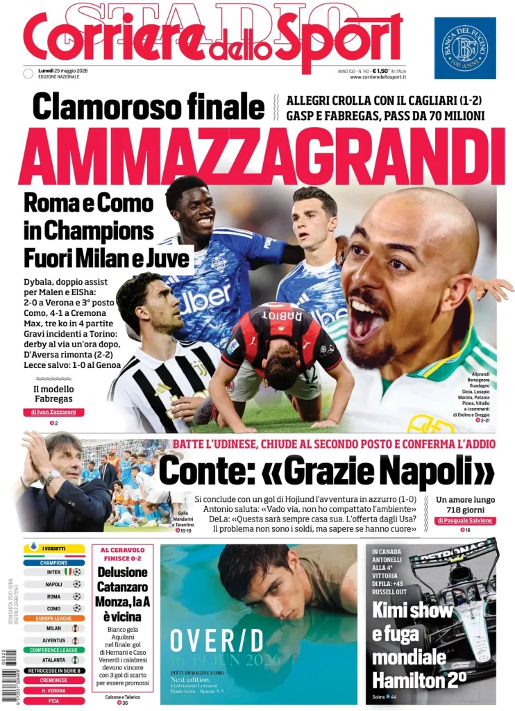 Le prime pagine dei principali quotidiani sportivi – 25 maggio 28 corriere dello sport 020308rat2epv