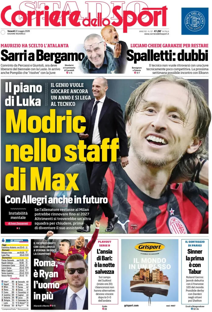 Rassegna stampa Cagliari: prime pagine quotidiani sportivi - 22 maggio 2026 28 corriere dello sport 020633tn54olx