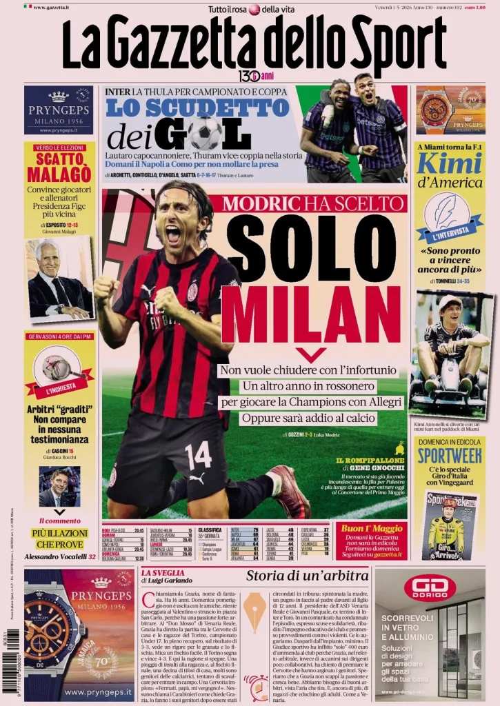 Le prime pagine dei principali quotidiani sportivi – 1 maggio 2026 29 la gazzetta dello sport 031632jtta7jd