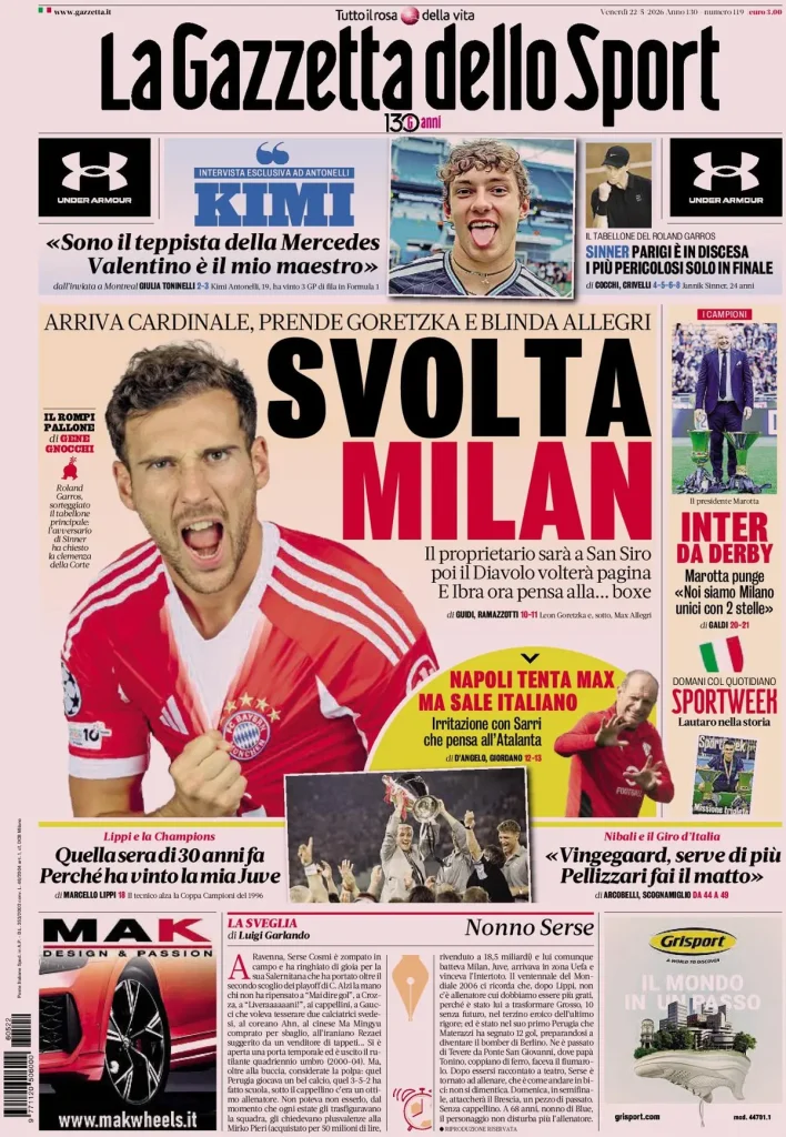 Rassegna stampa Cagliari: prime pagine quotidiani sportivi - 22 maggio 2026 29 la gazzetta dello sport 032117osd8g96